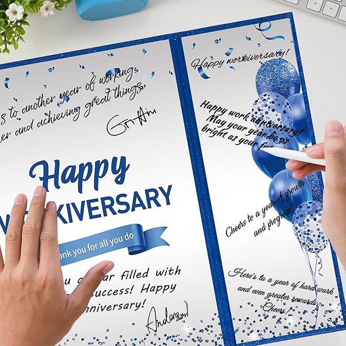 DARUNAXY Blue Silver Happy Workiversary Party Decorations, Navy Blue Happy Work Anniversary Alternative Signature Guest Book for Men Women Employee Business Gifts Signing Card Board for Office Supply