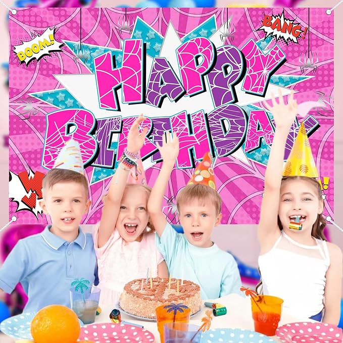 5x3ft Pink Spider Theme Backdrop Cartoon Photography Background Kids Boys Girls Birthday Party Decorations Photo Booth Banner Props