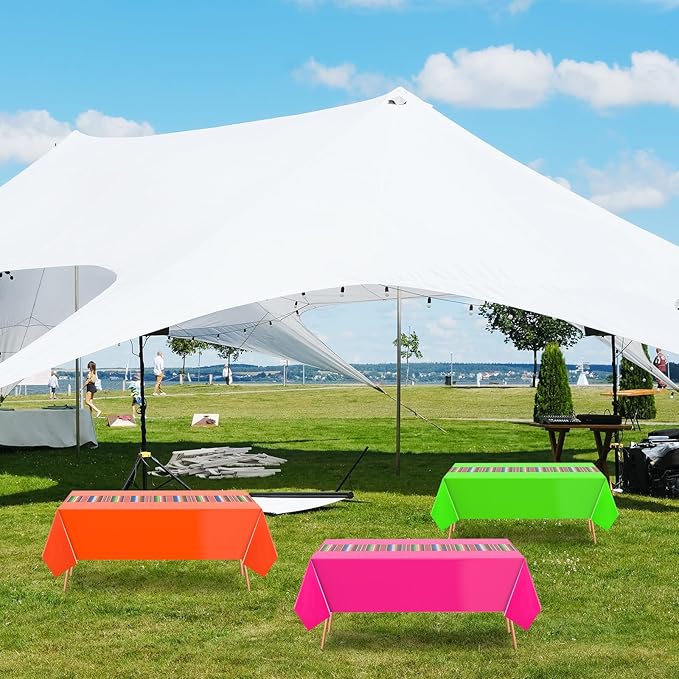 Oudain 3 Pcs Fiesta Tablecloth 108 x 54 Inch Plastic Tablecover Waterproof Mexican Tablecloth Mexican Striped Table Cover for Taco Night Festive Fiesta Wedding (Green,Orange,Pink)