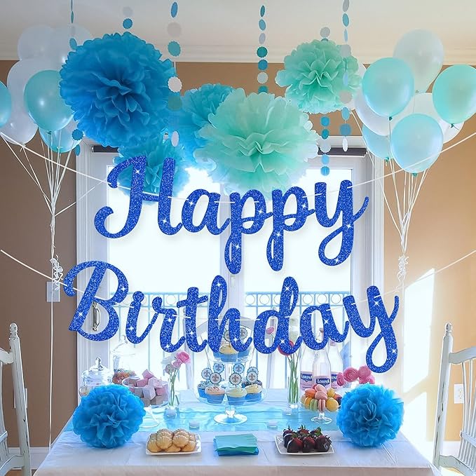 Glitter Happy Birthday Banner Sign Birthday Garland Wall Door Banners Flag for Women Men Boys Girls Party Backdrop Decorations Blue