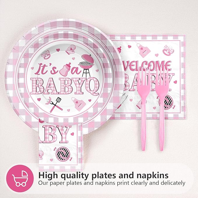 96 Pcs BBQ Baby Shower Decorations It's A BabyQ Paper Plates and Napkins Disposable Pink Gingham Baby Q Party Tableware Set for Girls Barbecue Baby Shower Gender Reveal Picnic Party Supplies Serves 24