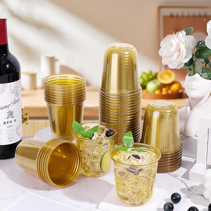 KesaPlan 50 Pcs Gold Plastic Cups, 12oz Disposable Stemless Wine Glasses for Cocktail Cute Clear Cocktail Wine Glasses Gold Party Cups for Meeting Wedding Graduation Holiday Party