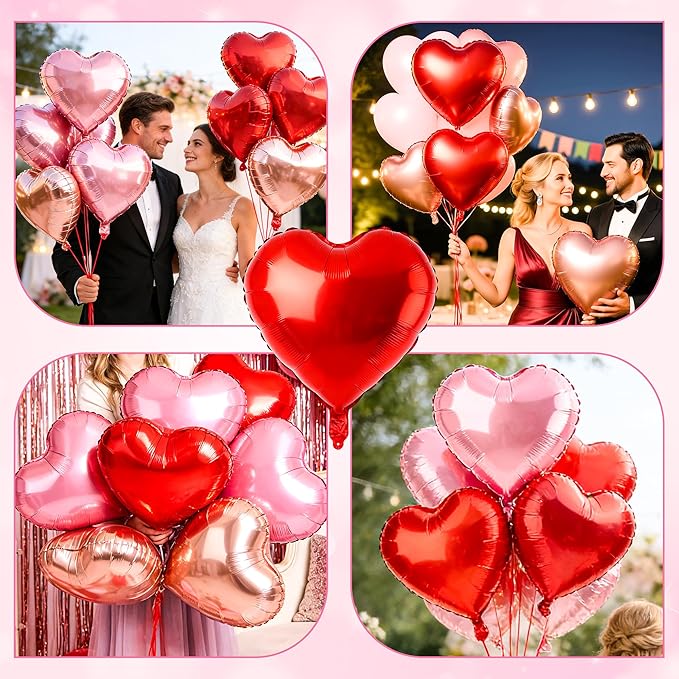 12 Pcs Rose Gold and Red Heart Foil Balloons for Valentines Day Decorations,18 Inch Romantic Love Valentine Heart Balloons for Valentines Day Wedding Marriage Birthday Bridal Shower Party Decorations