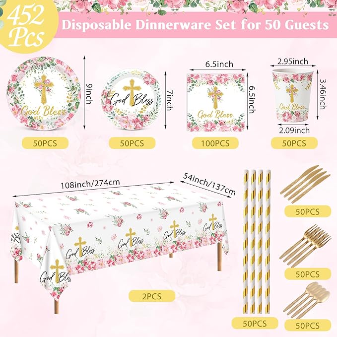 LemonRoad 452 Pcs God Bless Baptism Party Decoration for 50, Floral First Holy Communion Baptism Paper Plate Napkin Cup Tablecloth Cutlery Straw for Christening Baby Shower Party Supplies