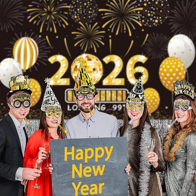New Years Eve Party Supplies 2026, 42pcs Happy New Year Party Favors Set- New Years Paper Hats, 2026 New Year Headband, Eyeglasses, Blowouts for New Year's Eve Party