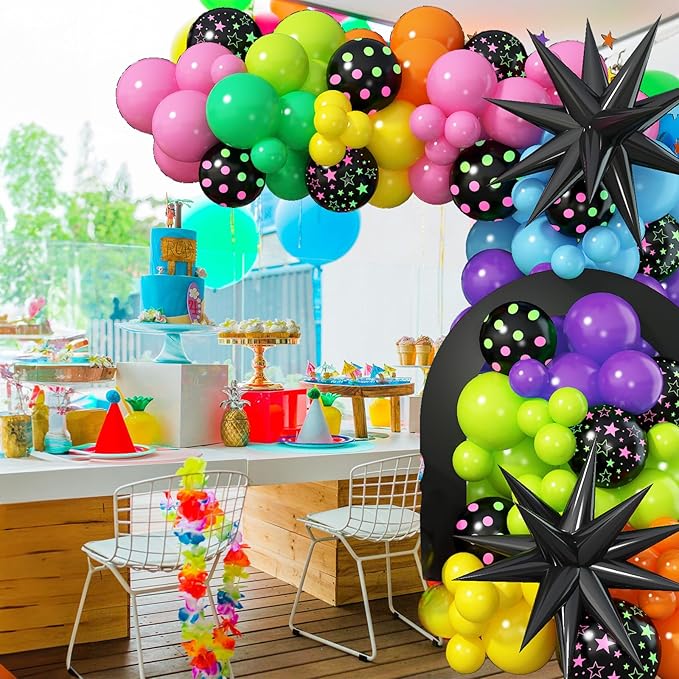 Rainbow Balloon Arch Garland Kit, 137pcs Colorful Balloons whit Rainbow Star Dot Glow Dark Balloons for Dark Party Let's Glow Birthday Wedding Back to 80s 90s Disco Rock Roll Party Decoration