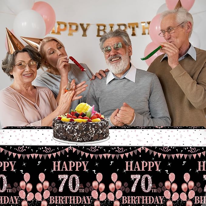 3 PCS 70th Birthday Tablecloth Decorations for Women Black and Rose Gold Theme Tablecloth Party Favors Seventy Years Old Plastic Disposable Rectangular Table Cloth Decor