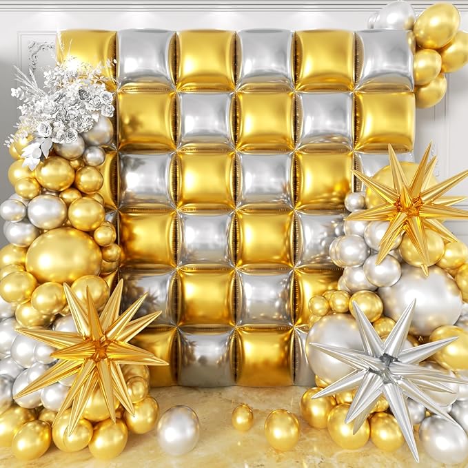 36pcs Gold and Silver Square Foil Balloons Wall Backdrop with 147pcs Balloon Garland Arch Kit, Double Sided Balloons for Birthday Bridal Shower Anniversary New Year Graduation Party Decorations