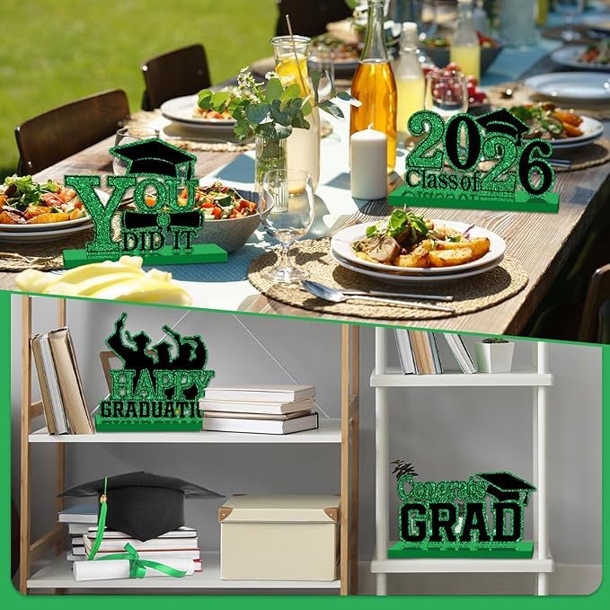 4Pcs Graduation Decorations Class of 2025 Wood Table Centerpieces Congrats Grad Wooden Sign Graduation Table Toppers Congratulate Tiered Tray Decor for 2025 Graduation Party(Green-Black)