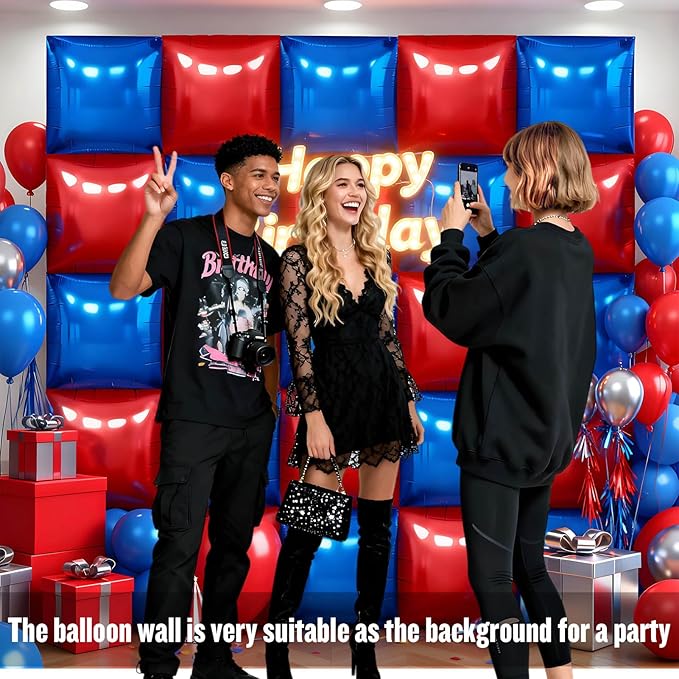36Pcs Red and Blue Square Foil Balloons Wall Backdrop, Double Sided Metallic Foil Balloons Tunnel Arch Garland Kit for Photo Booth Birthday Wedding Halloween Christmas Party Decorations