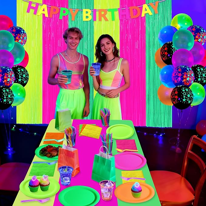 223 PCS Glow in the Dark Party Supplies, Including Colorful Plates Napkins Tablecloth Happy Birthday Banner and Dinnerware with UV Black Light Reactive for Neon Themed Birthday Party, Serves 20