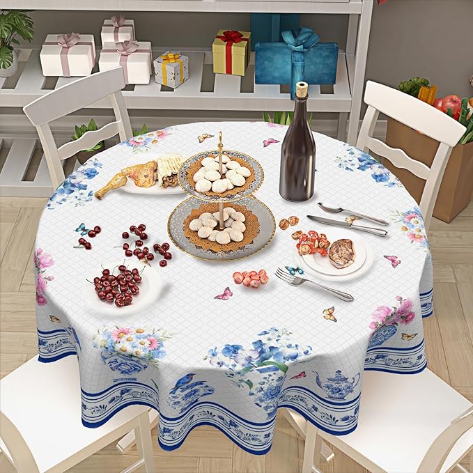 Spring Summer Round Tablecloth Blue Vase Floral Circle Table Cloth 70 Inch Chinoiserie Farmhouse Table Cover Washable Polyester Indoor Decorations for Home Kitchen Dinning Party