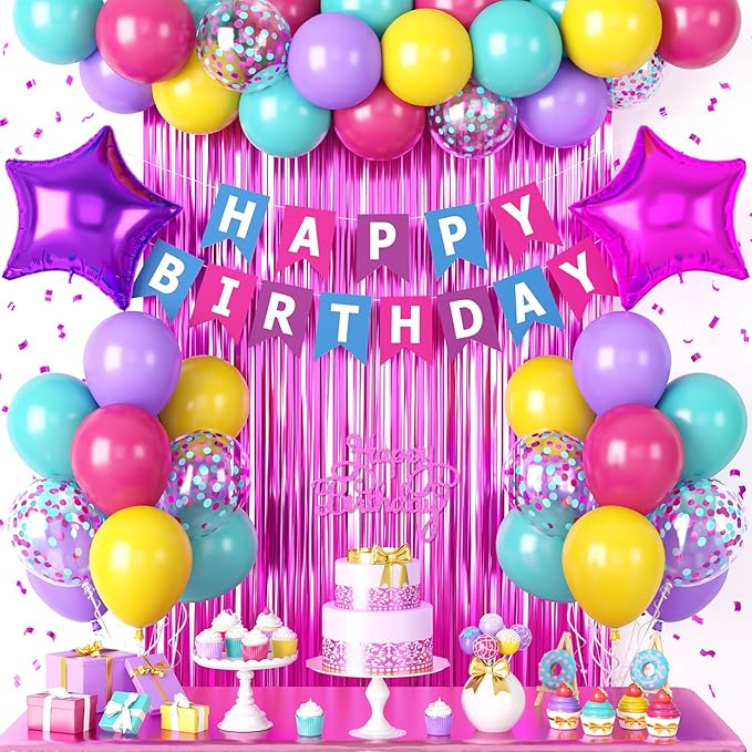 Pink Blue Purple Birthday Party Decorations for Girls Women, Hot Pink and Blue Birthday Decorations with Latex Balloons Happy Birthday Banner Cake Topper Star Foil Balloon Fringe Curtain