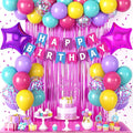 Pink Blue Purple Birthday Party Decorations for Girls Women, Hot Pink and Blue Birthday Decorations with Latex Balloons Happy Birthday Banner Cake Topper Star Foil Balloon Fringe Curtain