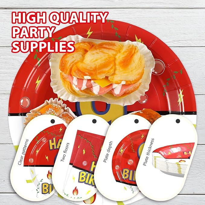 Grencian 96Pcs Happy 9th Birthday Party Supplies Cartoon Anime Themed Paper Plates and Napkins Tableware Sets Red and White Decoration for 9 Year Old Birthday Kids Children Party Serves 24