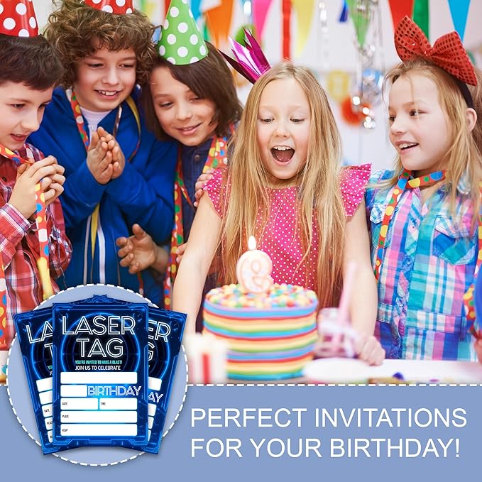 Laser Tag Birthday Party Invitations, Glow Neon Theme Invite Cards, 20 Count with Envelopes for Boys Girls Teen, 4 x 6 Double Sided Printed Fill In Blank Party Supplies- Blue