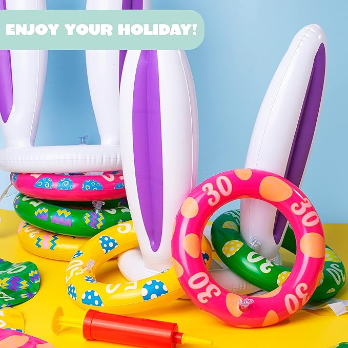 JOYIN Easter Inflatable Bunny Ears Ring Toss Game(2 Set 12 Rings), Inflatable Rabbit Toss Game, Indoor and Outdoor Game for Easter Party Supplies