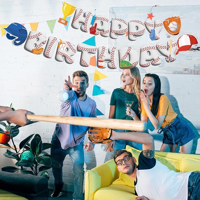 Baseball Happy Birthday Banners Baseball Happy Birthday Bunting Decorations Sports Banner for Kids Boys Sports Themed Party Carnival Party Decorations Supplies