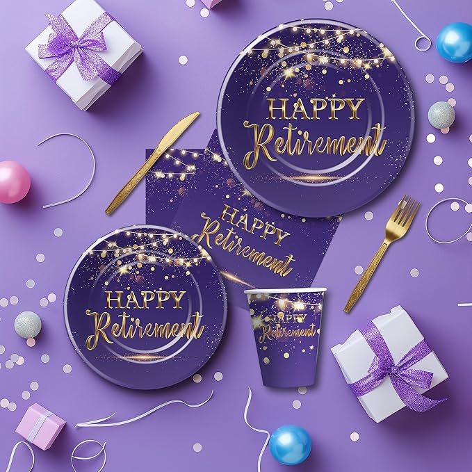 Xigejob Retirement Decorations Paper Plates And Napkins Party Tableware Women - Purple Happy Retirement Party Decorations Supplies, Plate, Cup, Napkin, Fork | Serves 24