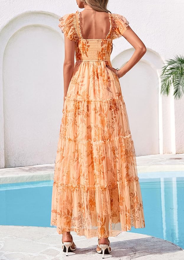 PRETTYGARDEN Women's Summer Tulle Midi Dress Sleeveless Smocked Ruffle Flowy Mesh Dresses Party Wedding Guest Sundress