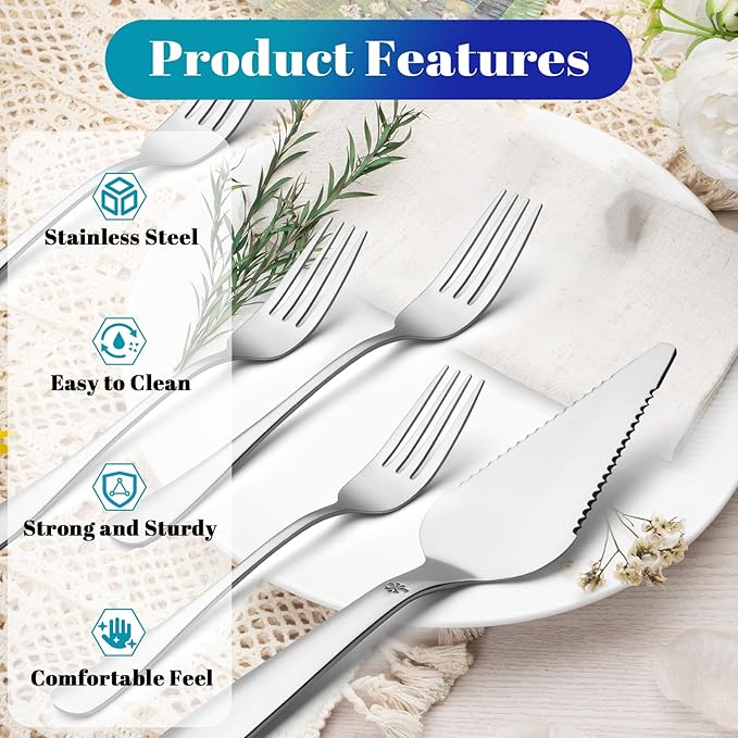 1 Pcs Cake Pie Server and 4 Forks Set for Wedding, Elegant Pizza Slicer Server Set with Stainless Steel Big Serrated Edges, Cake Cutter Pie Spatula for Birthday Anniversary, Silver