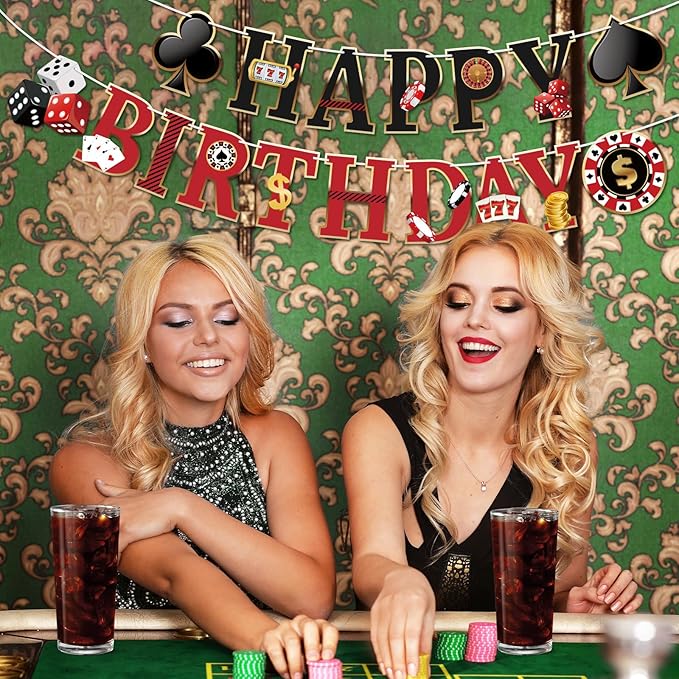 Hooqict Casino Theme Party Decorations Happy Birthday Banner Casino Party Banner Garland for Las Vegas Poker Night Birthday Party Decorations Supplies