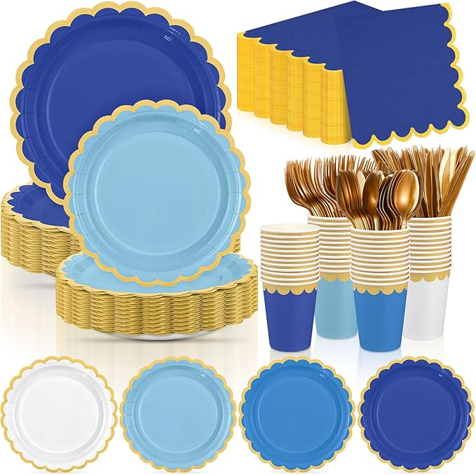 Mimorou 338 Pcs Blue Plates and Napkins Party Supplies for Guests Blue Tableware Include Scalloped Plates Paper Napkin Cup Spoon Fork Knife for Baby Shower, Wedding, Birthday
