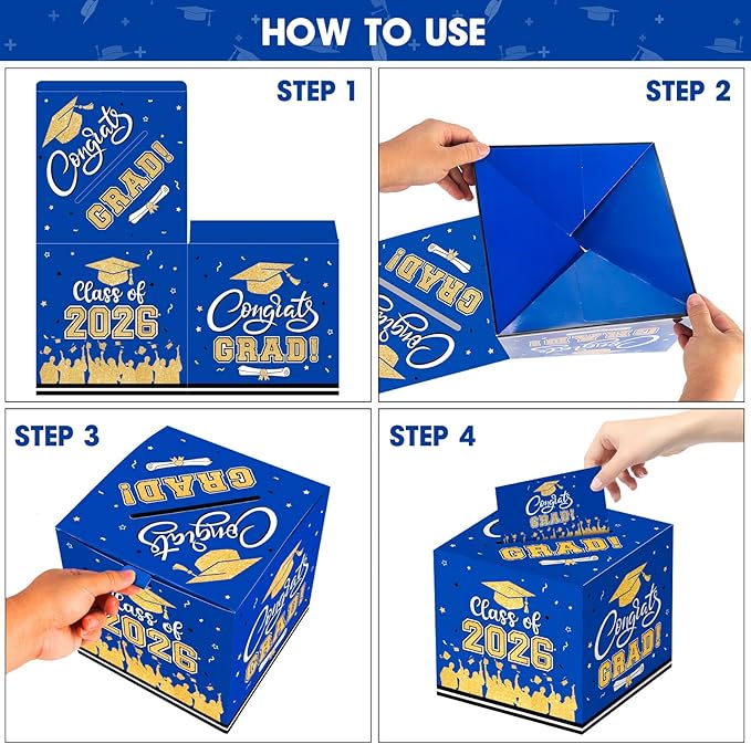 Graduation Card Box 2026 - Congrats Grad Card Boxes Holder, Blue and Gold Class of 2026 Graduation Gift Cards Box for Graduation Party Decorations 2026 Favors Decor Supplies Props,9x 9 x 9 inches