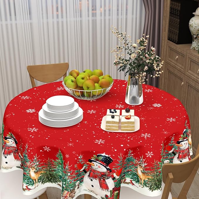 Christmas Tablecloth Round 60 Inch Red Winter Snowman Snowflake Table Cloth Farmhouse Xmas Tree Snow Table Cover for Kitchen Dinner Room Holiday Party Indoor Outdoor Home Christmas Decor