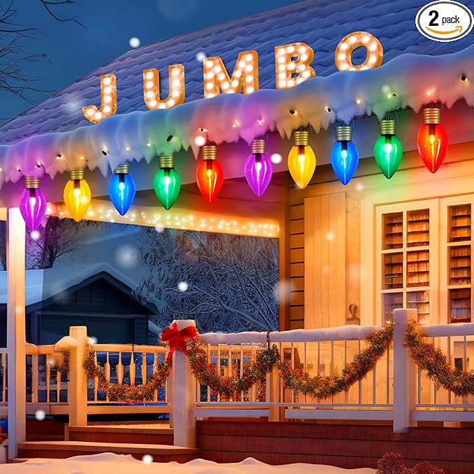 2 Pack Outdoor Christmas Decorations - Jumbo Xmas String Lights or Pathway Markers - Large Multicolored Bulbs Hanging Lights Waterproof Lawn Decoration for Holiday Home Tree Roof Yard Garden