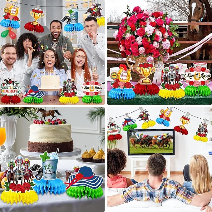 JULMELON 8PCS Derby Party Decorations Honeycomb Centerpieces, 3D Horse Racing Decor Derby Centerpieces for Tables Kentucky Party Supplies Derby Day Decorations