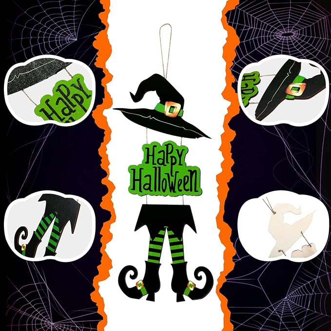 Yerliker Halloween Happy Sign Decoration Witch Legs Hat Hanging Wooden Wall Decor Version Rustic Front Door Hanger Fall Art Ornament for Home Room Indoor Outdoor Holiday Party(Green)
