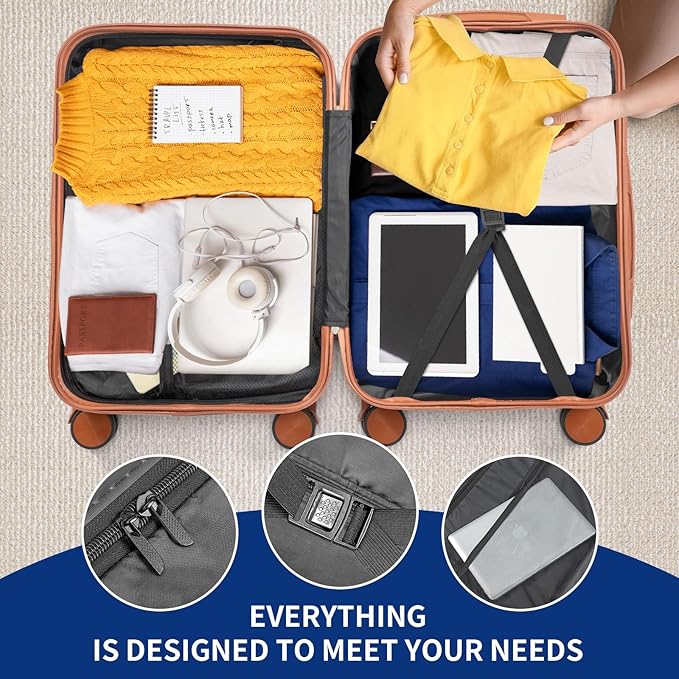 Karl home 28 Inch Check-in Luggage with Spinner Wheels, ABS Hardshell Checked Suitcase with TSA Lock, Durable Large Suitcase Rolling Luggage for Men Women, Navy Blue & Brown
