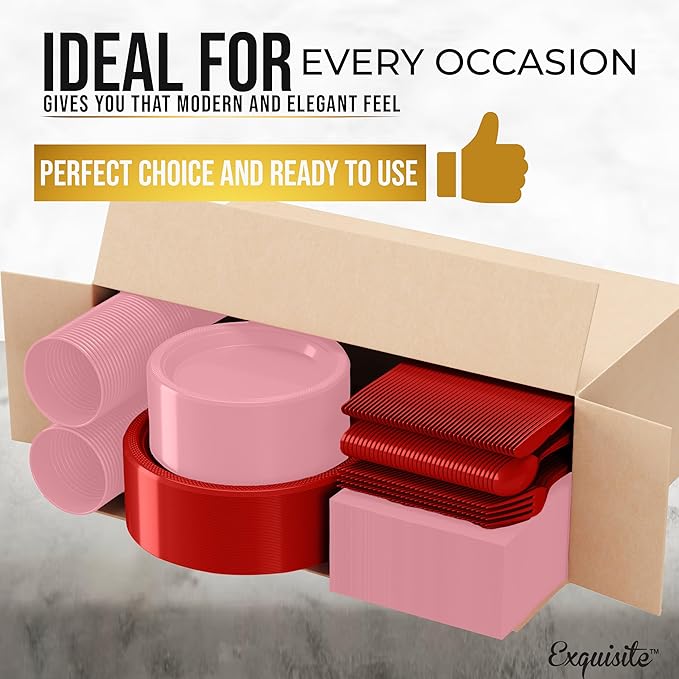 Party Solids 350 Pieces Valentines Plastic Plates For Party, Valentines Disposable Plates Set, 50 Of Each 9" Dinner Plate Set, 7" Dessert Plate, Cups, Napkins & Cutlery Plastic Dinnerware Set