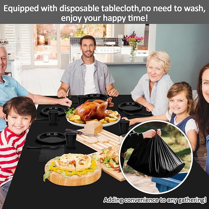 Black Plastic Plates for Party,100 Guest - 7&9inch Plates,Napkins,Forks,Cups & Tablecloths,Disposable Party Supplies for for Birthday,Halloween,Christmas Parties, Graduations