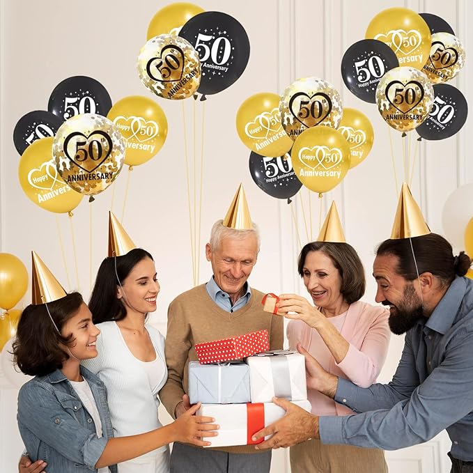 Lnlofen 30pcs 50th Anniversary Decorations Kit, 12 Inch Black Gold Happy 50 Wedding Latex Confetti Balloons, Party Supplies for 50 Year Theme Indoor Outdoor Decor