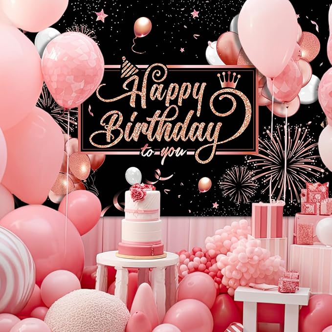 Blulu Happy Birthday Backdrop Banner Sign Poster Large Fabric Glitter Balloon Fireworks Sign Photo Backdrop Background for Birthday Party Decoration Supplies, 72.8 x 43.3in (Pink and Black)
