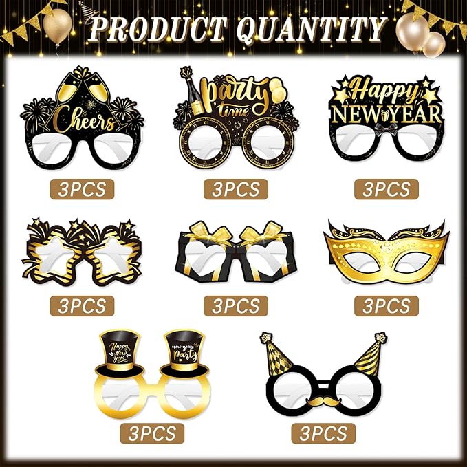 FRIDAY NIGHT Happy New Year Paper Glasses 24 PCS New Years Eve Party Supplies 2026 Funny Eyeglasses Eyewear Happy New Years Decorations