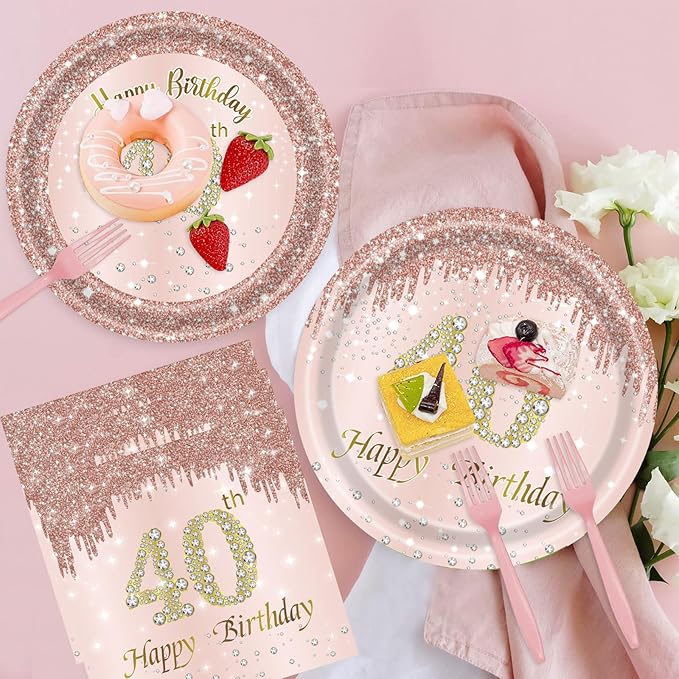 121Pcs 40th Birthday Party Supplies Plates Napkins Cups Forks Tablecloth Rose Gold Happy 40th Birthday Themed Disposable Tableware Decorations Serves 24 Guests for Women 40 Years (40th rose gold)