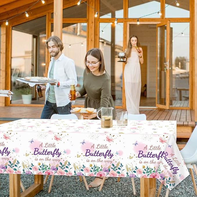 OBUSATT 3Pcs Butterfly Baby Shower Tablecloth Supplies - A Little Butterfly is On The Way Baby Girl Party Disposable Plastic Table Cover Pink Floral Princess Girl Party Decoration