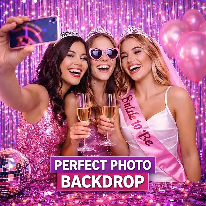Easter Decorations for Home Melsan 3 Pack 3.2 x 8.2 ft Pinkish Purple Tinsel Fringe Curtain Backdrop, Sparkling Metallic Party Decorations for Girls Birthday, Bachelorette, Wedding, Photo Booth