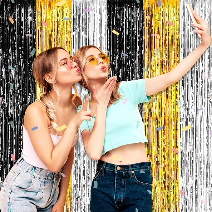 3 Pack Black Gold Silver Foil Fringe Curtain Backdrop, 3.28Ft x 8.2Ft Metallic Tinsel Foil Fringe Streamer Curtains for Photo Booth, Mother's Day, Easter, Birthday, Wedding Party Decorations