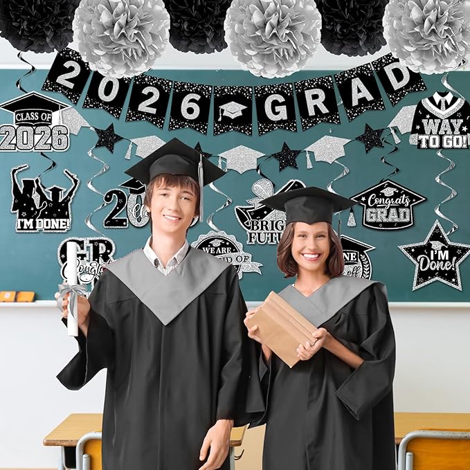 Black and Silver Graduation Decorations 2026, 2026 Grad Banner and Congrats Grad Hanging Swirls, Silver Graduation Banner Graduations Hanging Swirls College Graduations Party Decorations Class of 2026