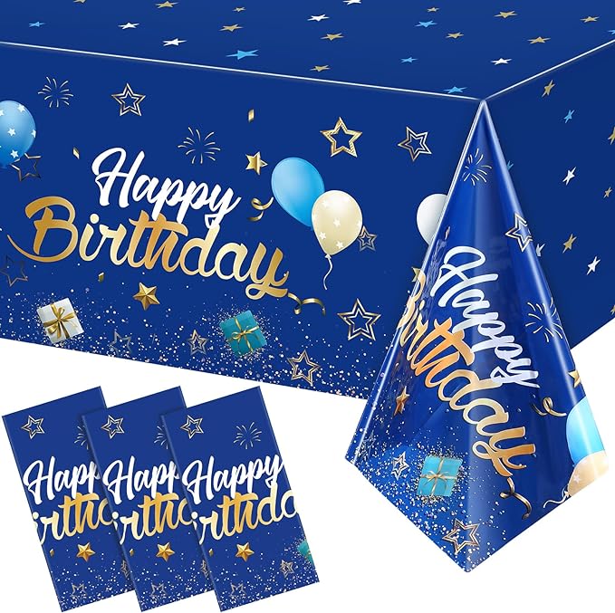 Tegeme Navy Blue Party Supplies Stars Happy Birthday Tablecloths Starry Confetti Table Covers for Kids Boys Girls Baby Shower Birthday Party Decorations(Navy Blue and Gold,3 Pack)