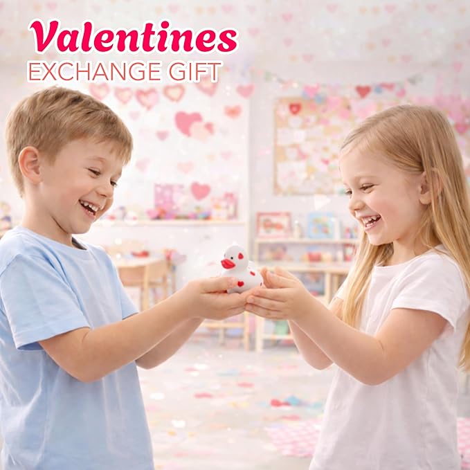 4E's Novelty 24 Pack Valentines Day Rubber Ducks - Bulk 2" Heart Themed Duckies for Jeep Ducking, Classroom Exchange Gifts for Kids School, Prizes, Giveaways, Party Favor Handouts