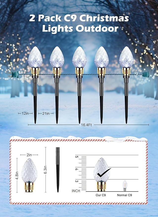 Brightown 2 Pack Strawberry C9 Christmas Pathway Lights Outdoor - Total 34.8 Feet 20 LED Christmas Walkway Light, Christma Light Outdoor Decorations for Yard Lawn Holiday Outside, Pure White