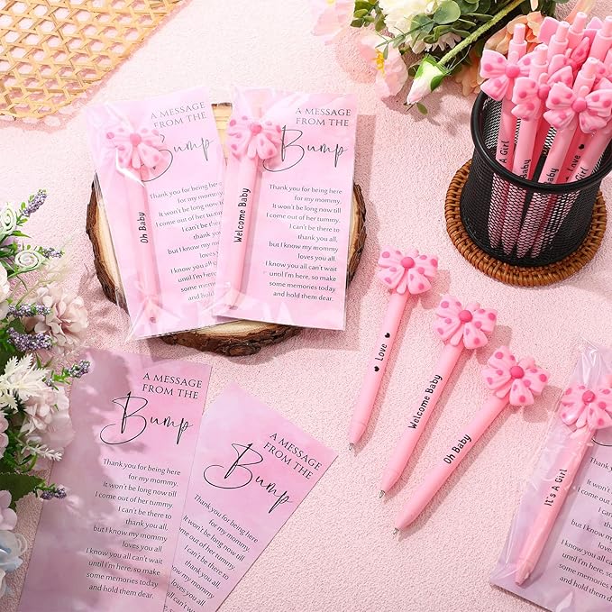 50 Set Baby Shower Party Gift Pen Favors for Guests Include 50 Pink Blue Bow Ballpoint Pens 50 Baby Shower Thank You Cards with Opp Bags for Gender Reveal Party Prizes Souvenirs(Girl)