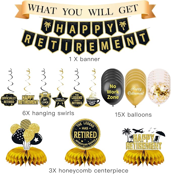 25Pcs Retirement Party Decorations for Men Women, Black Gold Happy Retirement Banner Balloons Party Supplies, The Legend Has Retired Farewell Theme Honeycomb Centerpiece Swirl Decor