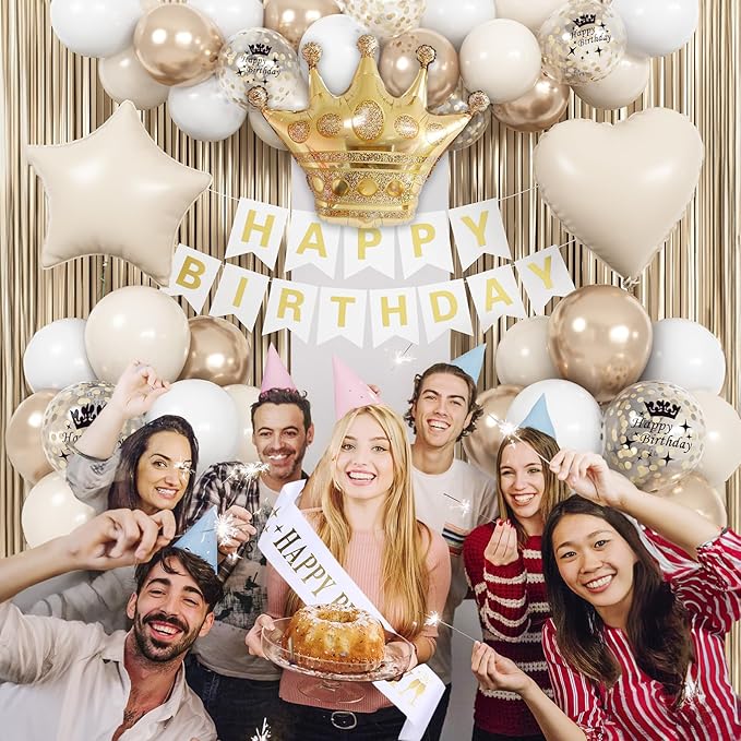 Birthday Decorations for Women, Champagne Gold Birthday Decortion White Beige Neutral Cream Gold Latex Balloons Banner Fringe Curtain for Women Girls Boho Party Supplies