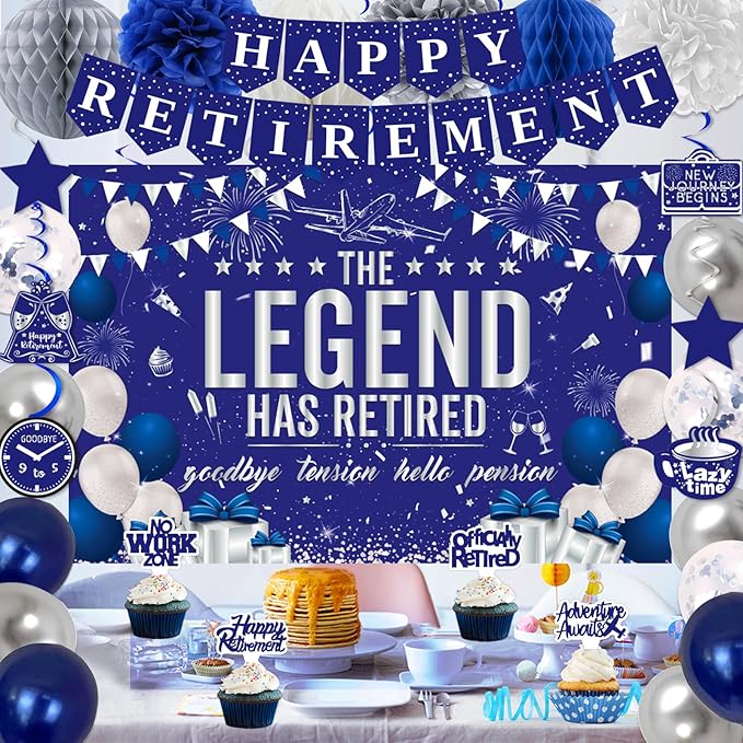 Retirement Party Decorations Blue Silver Happy Retirement Decorations for Men Women, Happy RetIrement Banner, Retired Backdrop, Balloons, Pompoms, Hanging Swirls, Retired Cards, Cake Toppers Set 54pcs